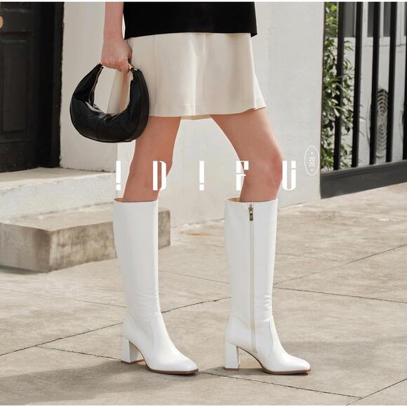 IDIFU White Knee High Boots with Chunky Heel - Picture 1 of 3